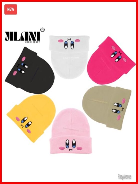 Embroidered Cute Face Anime Beanie Hat for Adults Winter Warm Knit Acrylic
